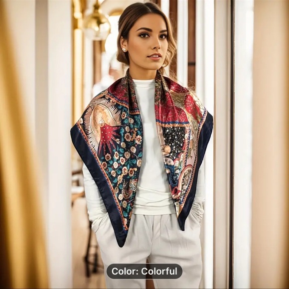 Boho Style Satin Square Scarf for Women - Elegant Chic Shawl with Tree of Life - Picture 6 of 10